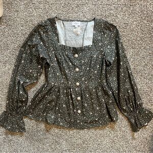 Anniewear square neck smocked button puff sleeve top
